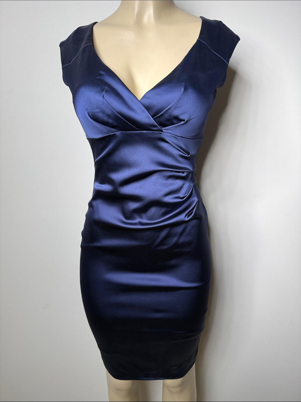 Xscape Navy Satin Surplice Midi Dress